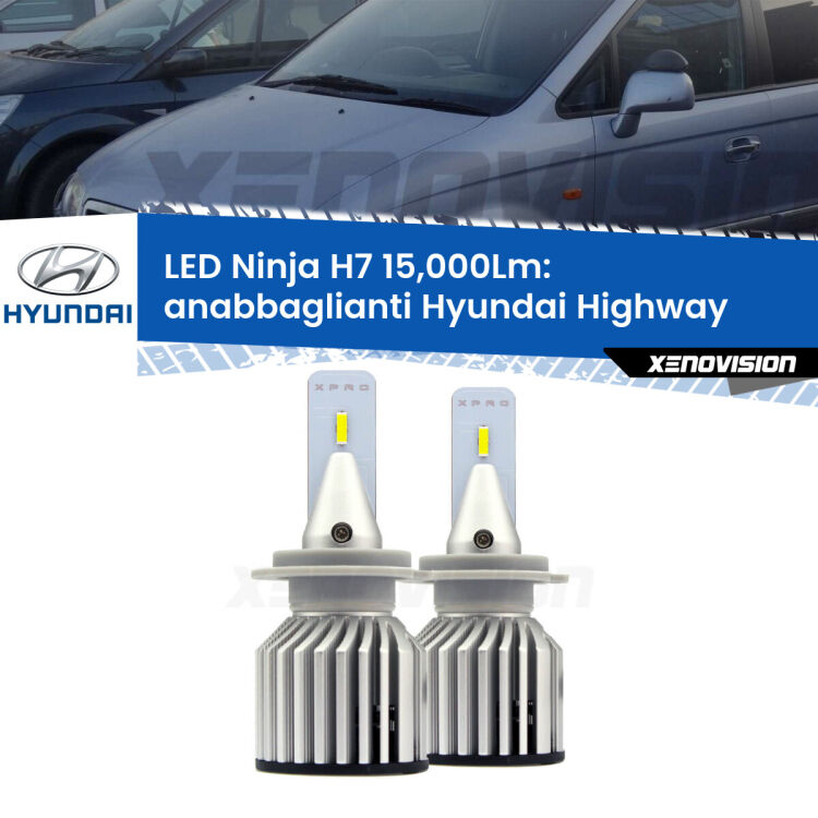 <strong>Kit anabbaglianti LED specifico per Hyundai Highway</strong>  2000 - 2004. Lampade <strong>H7</strong> Canbus da 15.000Lumen di luminosità modello Ninja Xenovision.