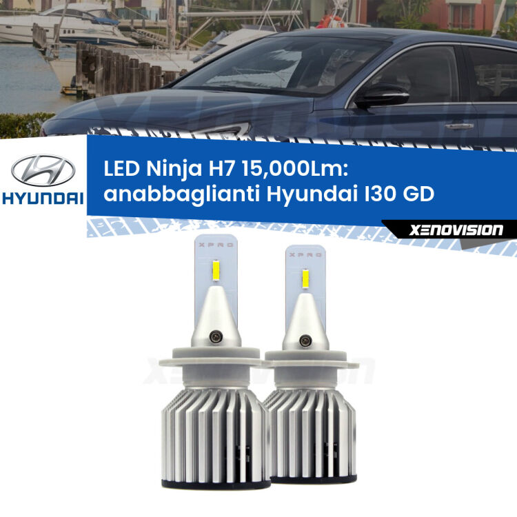 <strong>Kit anabbaglianti LED specifico per Hyundai I30</strong> GD 2011 - 2017. Lampade <strong>H7</strong> Canbus da 15.000Lumen di luminosità modello Ninja Xenovision.