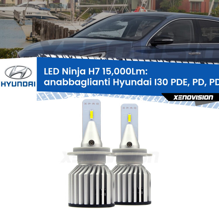 <strong>Kit anabbaglianti LED specifico per Hyundai I30</strong> PDE, PD, PDEN 2016 in poi. Lampade <strong>H7</strong> Canbus da 15.000Lumen di luminosità modello Ninja Xenovision.