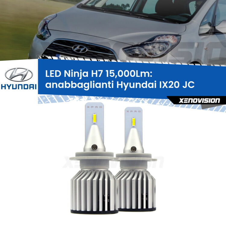 <strong>Kit anabbaglianti LED specifico per Hyundai IX20</strong> JC 2010 in poi. Lampade <strong>H7</strong> Canbus da 15.000Lumen di luminosità modello Ninja Xenovision.