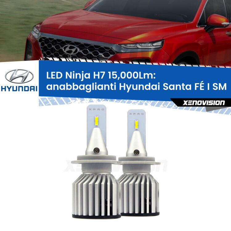<strong>Kit anabbaglianti LED specifico per Hyundai Santa FÉ I</strong> SM 2005 - 2012. Lampade <strong>H7</strong> Canbus da 15.000Lumen di luminosità modello Ninja Xenovision.