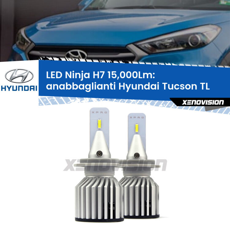 <strong>Kit anabbaglianti LED specifico per Hyundai Tucson</strong> TL 2015 - 2021. Lampade <strong>H7</strong> Canbus da 15.000Lumen di luminosità modello Ninja Xenovision.