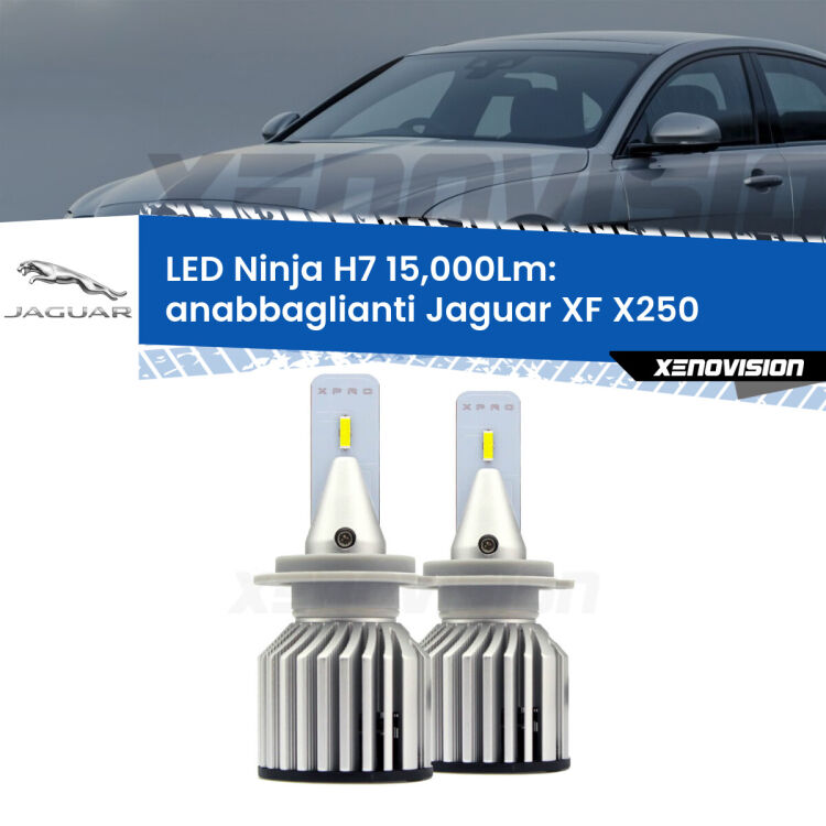 <strong>Kit anabbaglianti LED specifico per Jaguar XF</strong> X250 2007 - 2015. Lampade <strong>H7</strong> Canbus da 15.000Lumen di luminosità modello Ninja Xenovision.