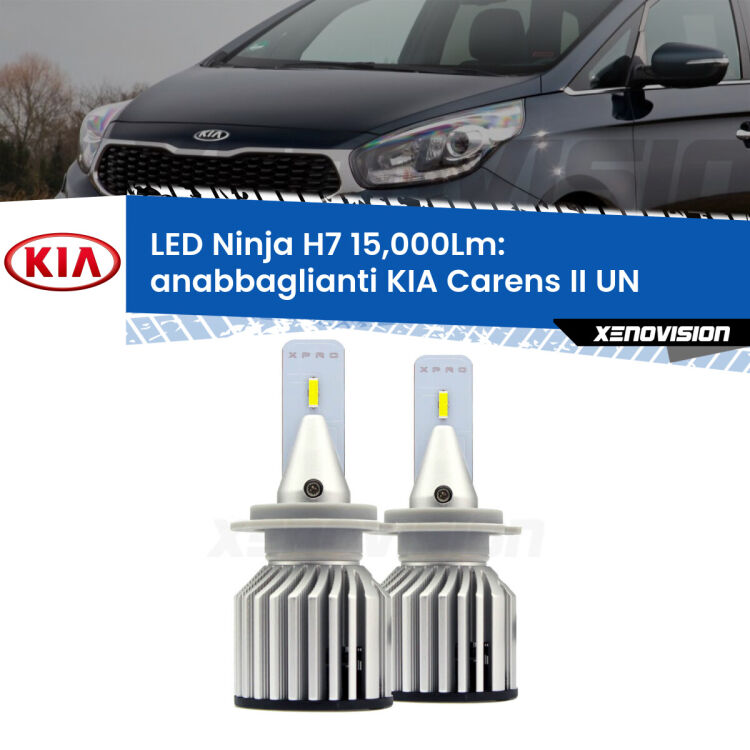 <strong>Kit anabbaglianti LED specifico per KIA Carens II</strong> UN 2006 - 2011. Lampade <strong>H7</strong> Canbus da 15.000Lumen di luminosità modello Ninja Xenovision.