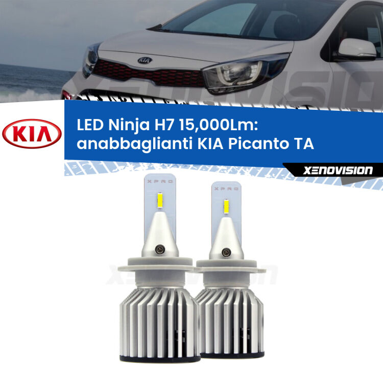 <strong>Kit anabbaglianti LED specifico per KIA Picanto</strong> TA con fari lenticolari. Lampade <strong>H7</strong> Canbus da 15.000Lumen di luminosità modello Ninja Xenovision.