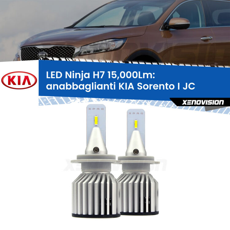 <strong>Kit anabbaglianti LED specifico per KIA Sorento I</strong> JC 2002 - 2008. Lampade <strong>H7</strong> Canbus da 15.000Lumen di luminosità modello Ninja Xenovision.