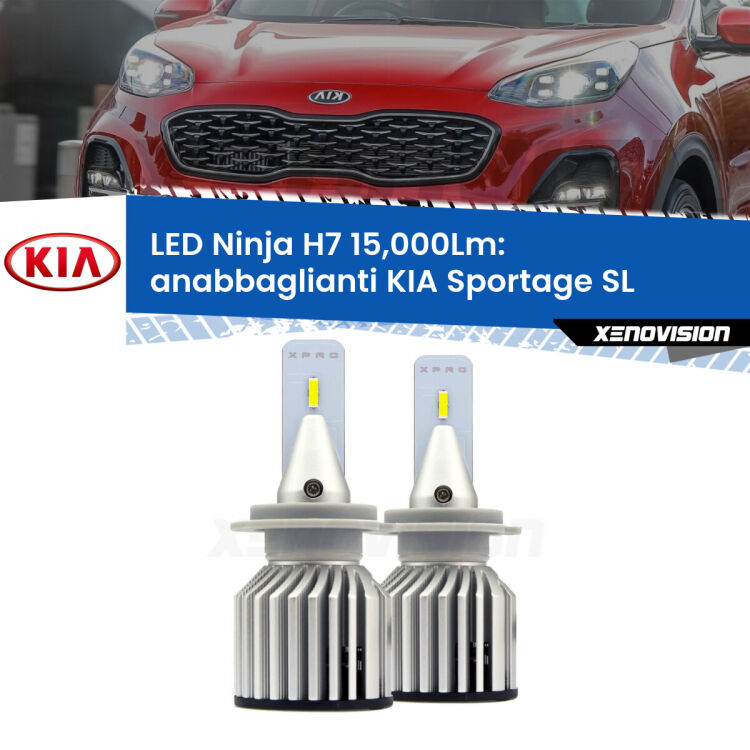 <strong>Kit anabbaglianti LED specifico per KIA Sportage</strong> SL 2010 - 2014. Lampade <strong>H7</strong> Canbus da 15.000Lumen di luminosità modello Ninja Xenovision.
