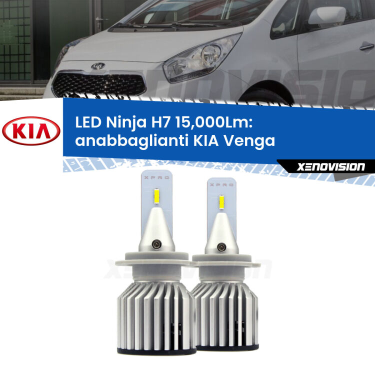 <strong>Kit anabbaglianti LED specifico per KIA Venga</strong>  2010 - 2019. Lampade <strong>H7</strong> Canbus da 15.000Lumen di luminosità modello Ninja Xenovision.