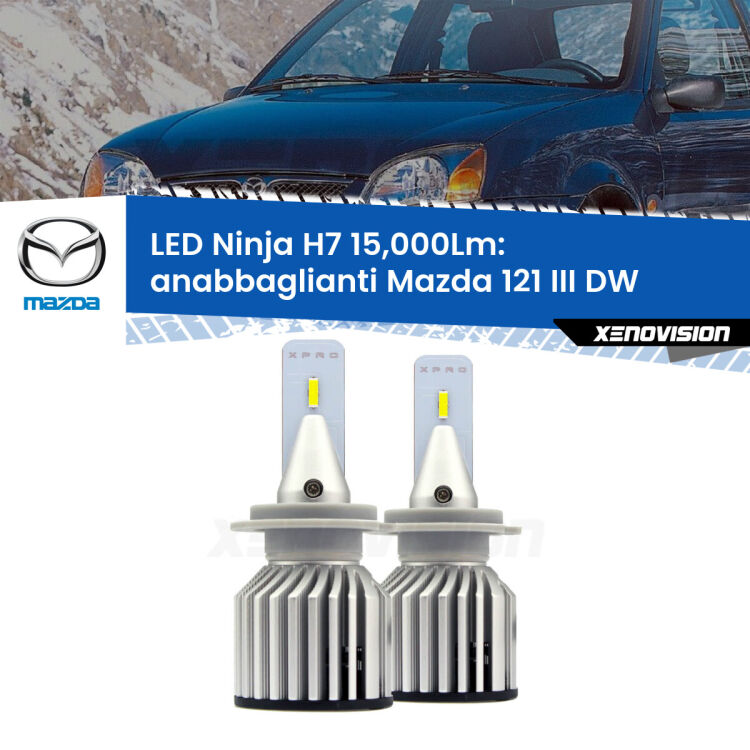 <strong>Kit anabbaglianti LED specifico per Mazda 121 III</strong> DW 1996 - 1999. Lampade <strong>H7</strong> Canbus da 15.000Lumen di luminosità modello Ninja Xenovision.
