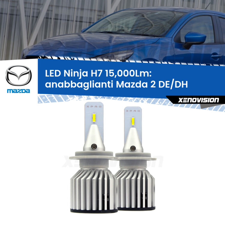 <strong>Kit anabbaglianti LED specifico per Mazda 2</strong> DE/DH a parabola doppia. Lampade <strong>H7</strong> Canbus da 15.000Lumen di luminosità modello Ninja Xenovision.