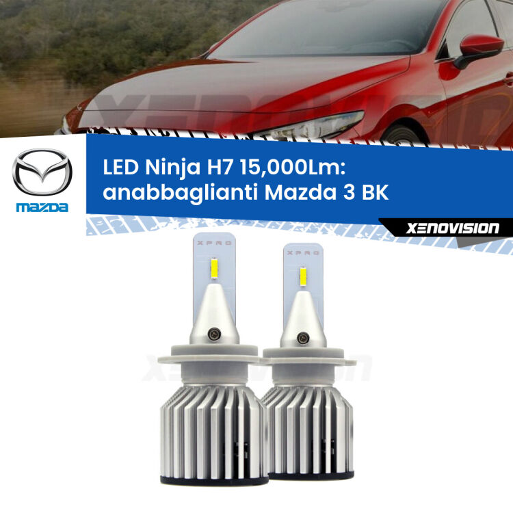 <strong>Kit anabbaglianti LED specifico per Mazda 3</strong> BK 2003 - 2009. Lampade <strong>H7</strong> Canbus da 15.000Lumen di luminosità modello Ninja Xenovision.