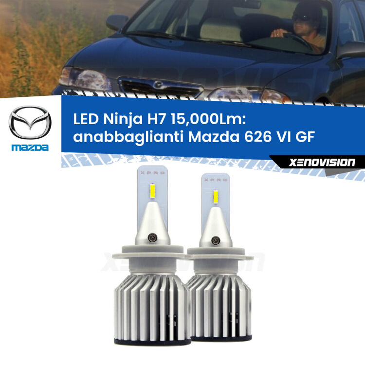 <strong>Kit anabbaglianti LED specifico per Mazda 626 VI</strong> GF 1997 - 2002. Lampade <strong>H7</strong> Canbus da 15.000Lumen di luminosità modello Ninja Xenovision.