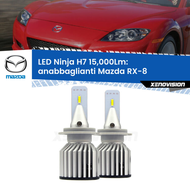 <strong>Kit anabbaglianti LED specifico per Mazda RX-8</strong>  2003 - 2012. Lampade <strong>H7</strong> Canbus da 15.000Lumen di luminosità modello Ninja Xenovision.