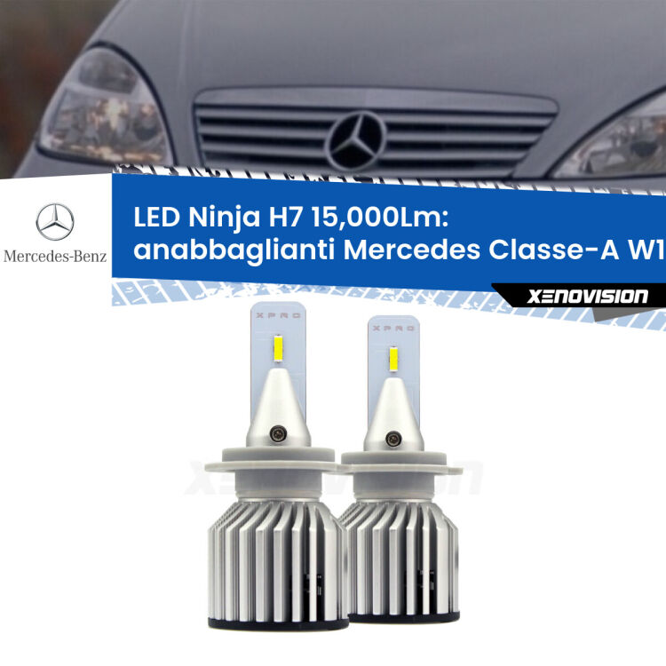 <strong>Kit anabbaglianti LED specifico per Mercedes Classe-A</strong> W168 1997 - 2004. Lampade <strong>H7</strong> Canbus da 15.000Lumen di luminosità modello Ninja Xenovision.