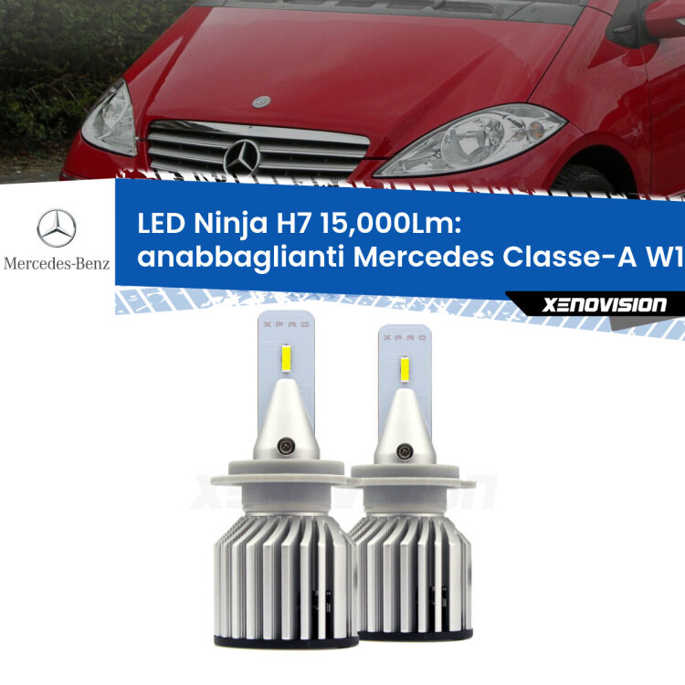 <strong>Kit anabbaglianti LED specifico per Mercedes Classe-A</strong> W169 con fari a parabola. Lampade <strong>H7</strong> Canbus da 15.000Lumen di luminosità modello Ninja Xenovision.