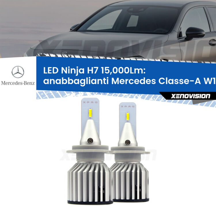 <strong>Kit anabbaglianti LED specifico per Mercedes Classe-A</strong> W176 2012 - 2018. Lampade <strong>H7</strong> Canbus da 15.000Lumen di luminosità modello Ninja Xenovision.