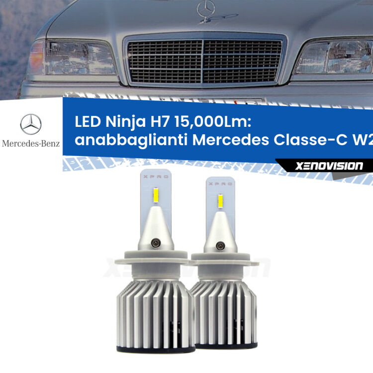 <strong>Kit anabbaglianti LED specifico per Mercedes Classe-C</strong> W202 1996 - 2000. Lampade <strong>H7</strong> Canbus da 15.000Lumen di luminosità modello Ninja Xenovision.