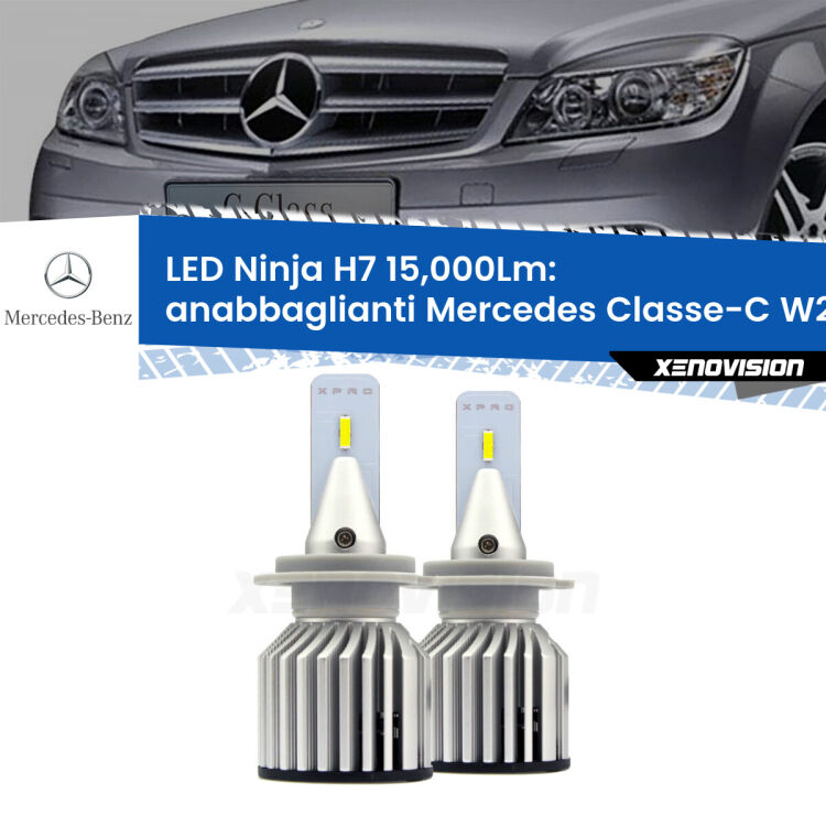 <strong>Kit anabbaglianti LED specifico per Mercedes Classe-C</strong> W204 Prima serie. Lampade <strong>H7</strong> Canbus da 15.000Lumen di luminosità modello Ninja Xenovision.
