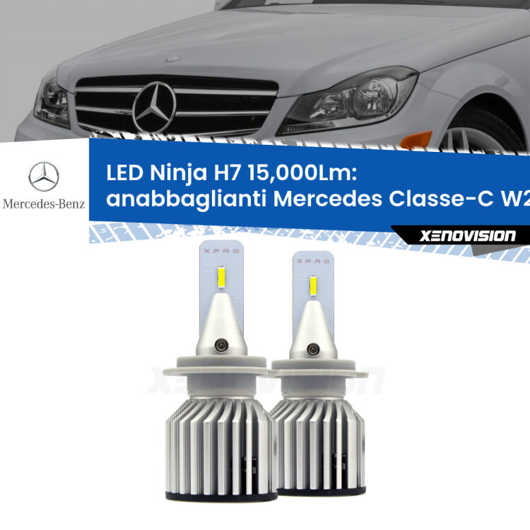 <strong>Kit anabbaglianti LED specifico per Mercedes Classe-C</strong> W204 Restyling. Lampade <strong>H7</strong> Canbus da 15.000Lumen di luminosità modello Ninja Xenovision.