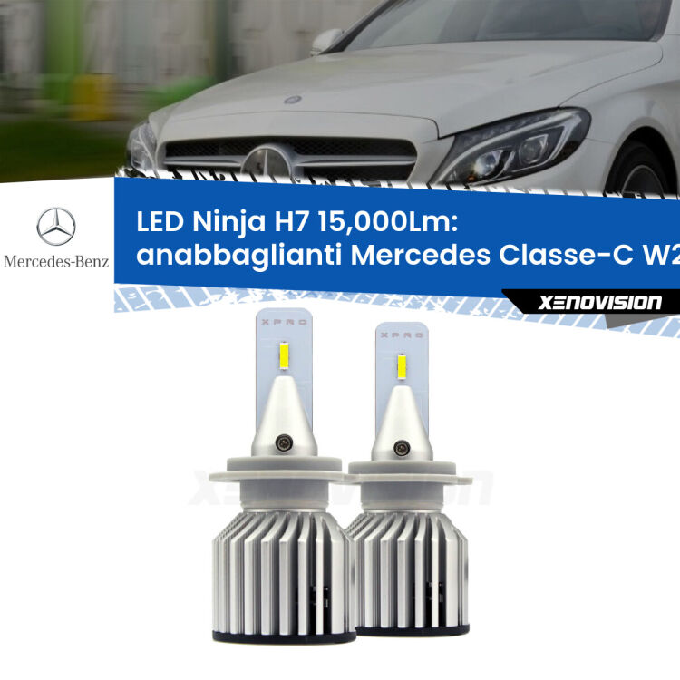 <strong>Kit anabbaglianti LED specifico per Mercedes Classe-C</strong> W205 2013 - 2018. Lampade <strong>H7</strong> Canbus da 15.000Lumen di luminosità modello Ninja Xenovision.
