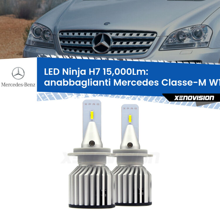 <strong>Kit anabbaglianti LED specifico per Mercedes Classe-M</strong> W164 2005 - 2011. Lampade <strong>H7</strong> Canbus da 15.000Lumen di luminosità modello Ninja Xenovision.