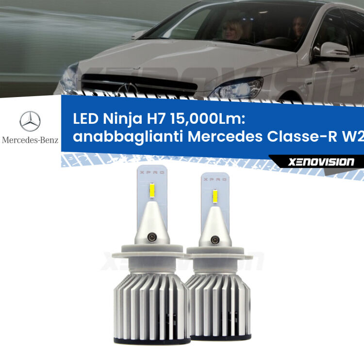 <strong>Kit anabbaglianti LED specifico per Mercedes Classe-R</strong> W251, V251 2006 - 2014. Lampade <strong>H7</strong> Canbus da 15.000Lumen di luminosità modello Ninja Xenovision.