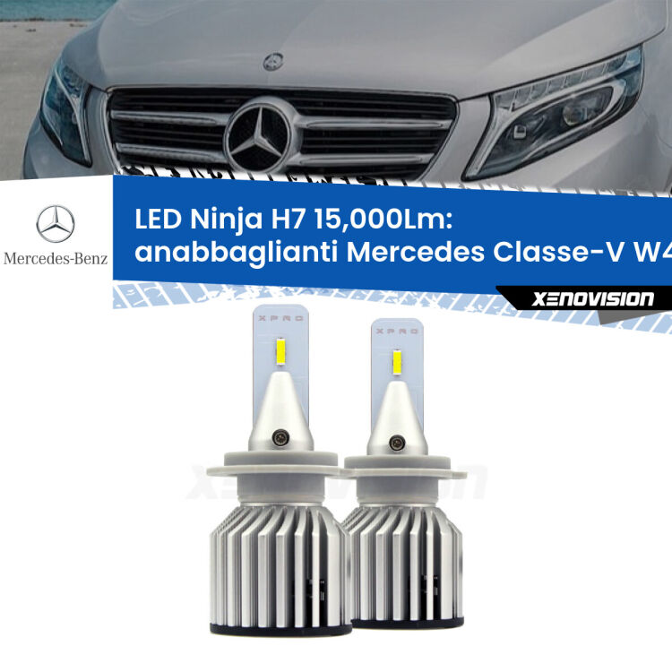 <strong>Kit anabbaglianti LED specifico per Mercedes Classe-V</strong> W447 2014 in poi. Lampade <strong>H7</strong> Canbus da 15.000Lumen di luminosità modello Ninja Xenovision.