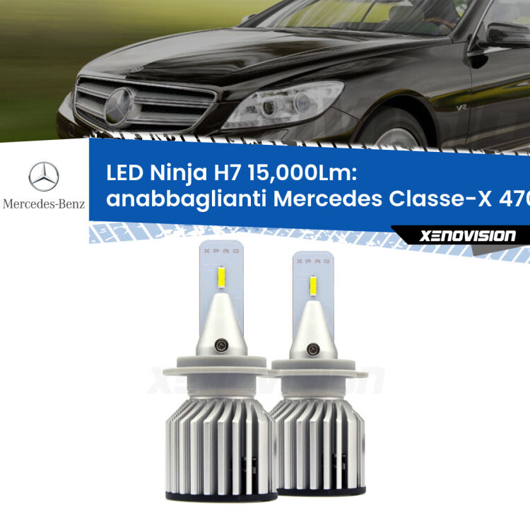 <strong>Kit anabbaglianti LED specifico per Mercedes Classe-X</strong> 470 2017 in poi. Lampade <strong>H7</strong> Canbus da 15.000Lumen di luminosità modello Ninja Xenovision.