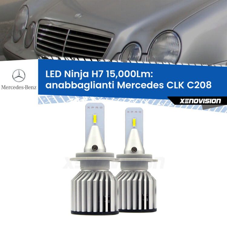 <strong>Kit anabbaglianti LED specifico per Mercedes CLK</strong> C208 1997 - 2002. Lampade <strong>H7</strong> Canbus da 15.000Lumen di luminosità modello Ninja Xenovision.
