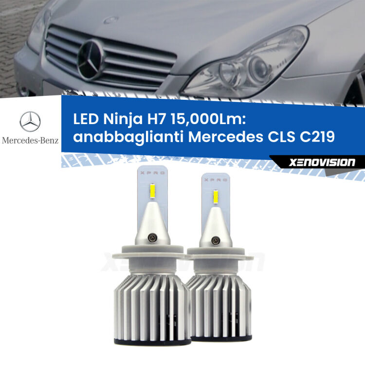 <strong>Kit anabbaglianti LED specifico per Mercedes CLS</strong> C219 2004 - 2010. Lampade <strong>H7</strong> Canbus da 15.000Lumen di luminosità modello Ninja Xenovision.