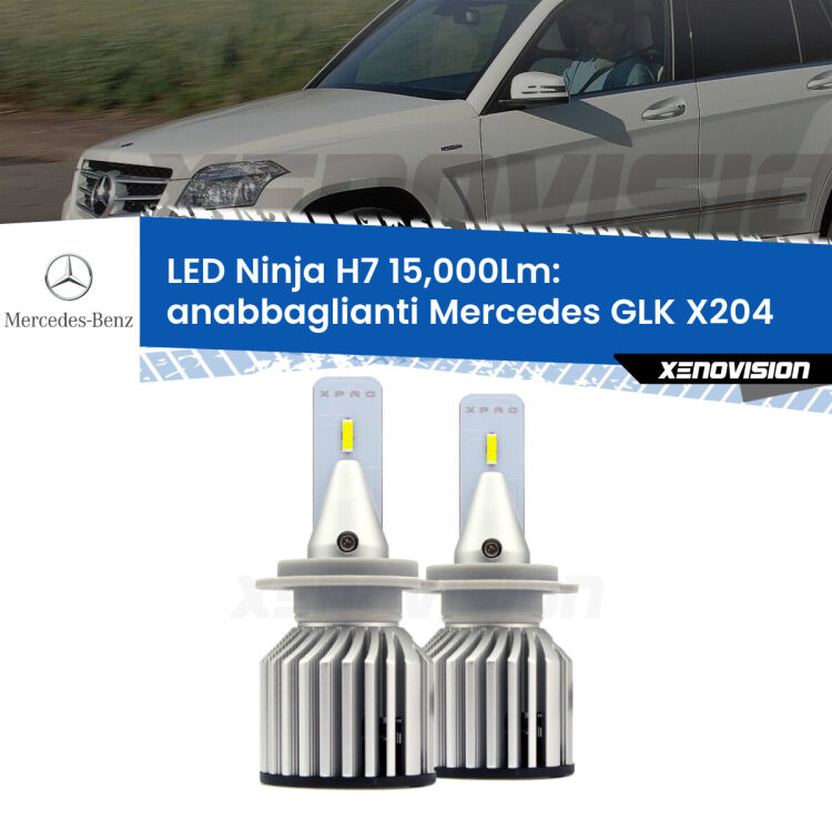 <strong>Kit anabbaglianti LED specifico per Mercedes GLK</strong> X204 2008 - 2015. Lampade <strong>H7</strong> Canbus da 15.000Lumen di luminosità modello Ninja Xenovision.