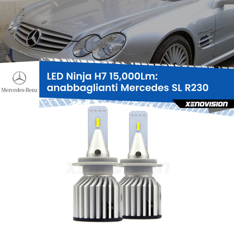 <strong>Kit anabbaglianti LED specifico per Mercedes SL</strong> R230 2001 - 2012. Lampade <strong>H7</strong> Canbus da 15.000Lumen di luminosità modello Ninja Xenovision.