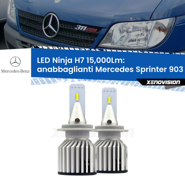 <strong>Kit anabbaglianti LED specifico per Mercedes Sprinter</strong> 903 2000 - 2006. Lampade <strong>H7</strong> Canbus da 15.000Lumen di luminosità modello Ninja Xenovision.