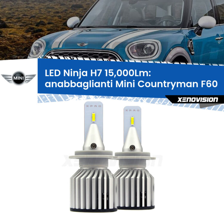 <strong>Kit anabbaglianti LED specifico per Mini Countryman</strong> F60 2016 - 2019. Lampade <strong>H7</strong> Canbus da 15.000Lumen di luminosità modello Ninja Xenovision.