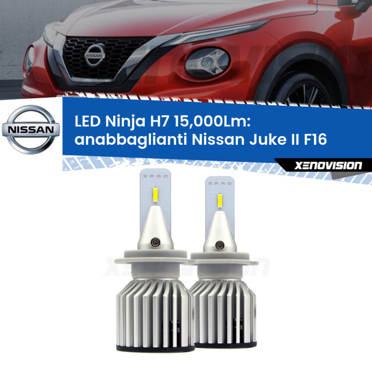 <strong>Kit anabbaglianti LED specifico per Nissan Juke II</strong> F16 2019 in poi. Lampade <strong>H7</strong> Canbus da 15.000Lumen di luminosità modello Ninja Xenovision.