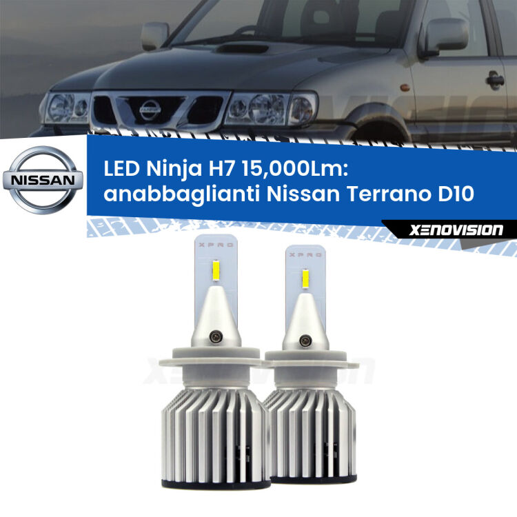 <strong>Kit anabbaglianti LED specifico per Nissan Terrano</strong> D10 2013 in poi. Lampade <strong>H7</strong> Canbus da 15.000Lumen di luminosità modello Ninja Xenovision.