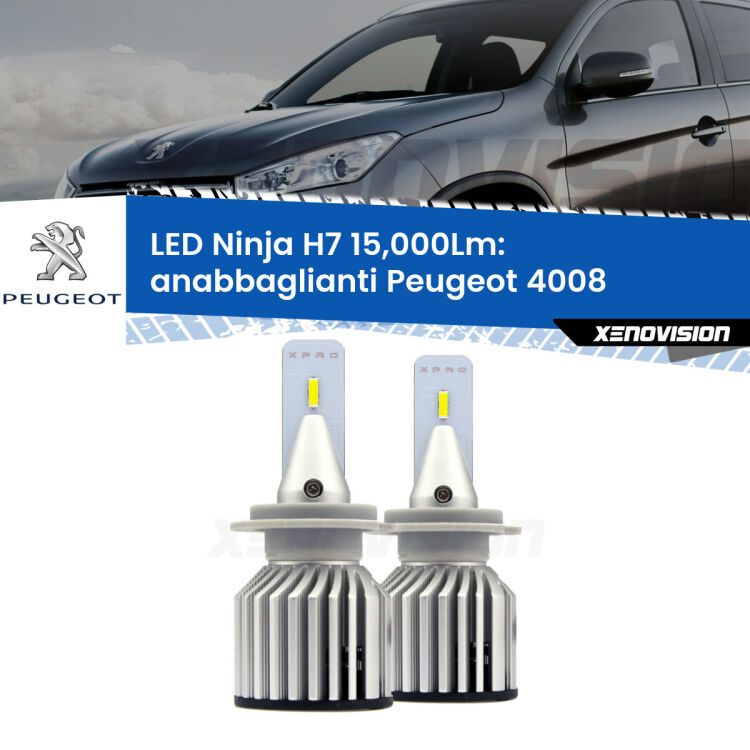 <strong>Kit anabbaglianti LED specifico per Peugeot 4008</strong>  2012 in poi. Lampade <strong>H7</strong> Canbus da 15.000Lumen di luminosità modello Ninja Xenovision.