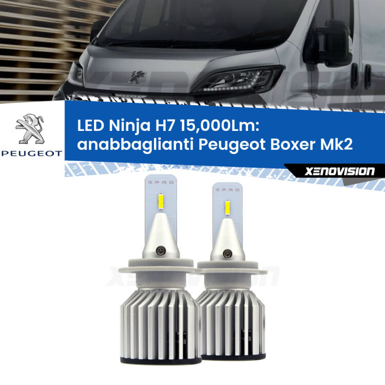 <strong>Kit anabbaglianti LED specifico per Peugeot Boxer</strong> Mk2 2002 - 2005. Lampade <strong>H7</strong> Canbus da 15.000Lumen di luminosità modello Ninja Xenovision.