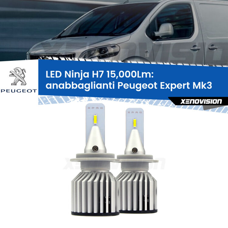 <strong>Kit anabbaglianti LED specifico per Peugeot Expert</strong> Mk3 2016 in poi. Lampade <strong>H7</strong> Canbus da 15.000Lumen di luminosità modello Ninja Xenovision.
