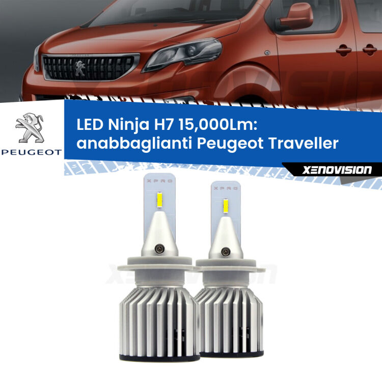 <strong>Kit anabbaglianti LED specifico per Peugeot Traveller</strong>  2016 in poi. Lampade <strong>H7</strong> Canbus da 15.000Lumen di luminosità modello Ninja Xenovision.