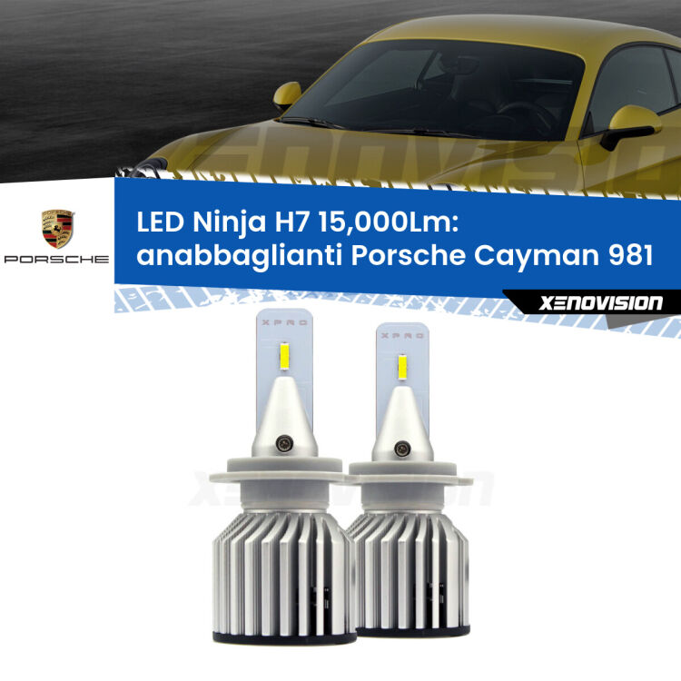 <strong>Kit anabbaglianti LED specifico per Porsche Cayman</strong> 981 2013 in poi. Lampade <strong>H7</strong> Canbus da 15.000Lumen di luminosità modello Ninja Xenovision.