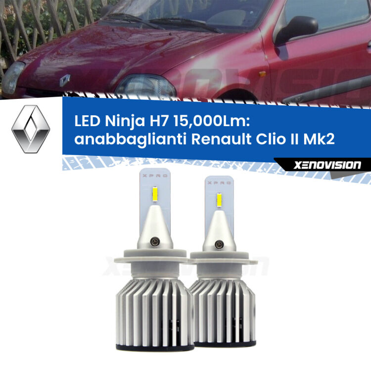 <strong>Kit anabbaglianti LED specifico per Renault Clio II</strong> Mk2 a parabola doppia. Lampade <strong>H7</strong> Canbus da 15.000Lumen di luminosità modello Ninja Xenovision.