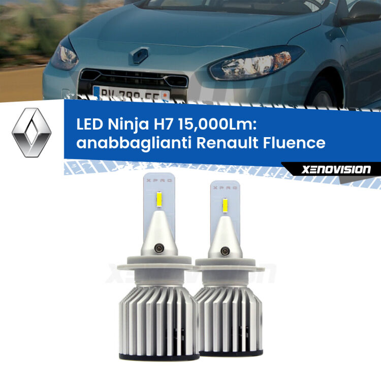 <strong>Kit anabbaglianti LED specifico per Renault Fluence</strong>  2010 - 2015. Lampade <strong>H7</strong> Canbus da 15.000Lumen di luminosità modello Ninja Xenovision.