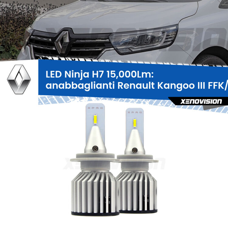 <strong>Kit anabbaglianti LED specifico per Renault Kangoo III</strong> FFK/KFK 2021 in poi. Lampade <strong>H7</strong> Canbus da 15.000Lumen di luminosità modello Ninja Xenovision.