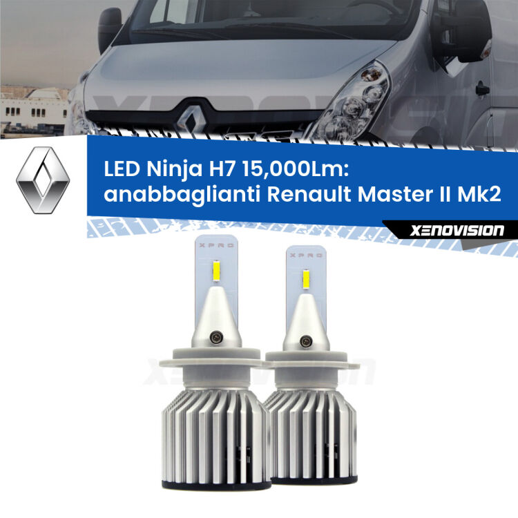 <strong>Kit anabbaglianti LED specifico per Renault Master II</strong> Mk2 a parabola doppia. Lampade <strong>H7</strong> Canbus da 15.000Lumen di luminosità modello Ninja Xenovision.