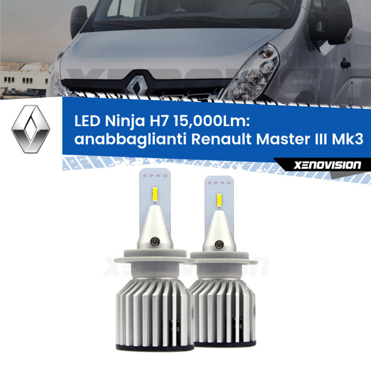 <strong>Kit anabbaglianti LED specifico per Renault Master III</strong> Mk3 2010 in poi. Lampade <strong>H7</strong> Canbus da 15.000Lumen di luminosità modello Ninja Xenovision.