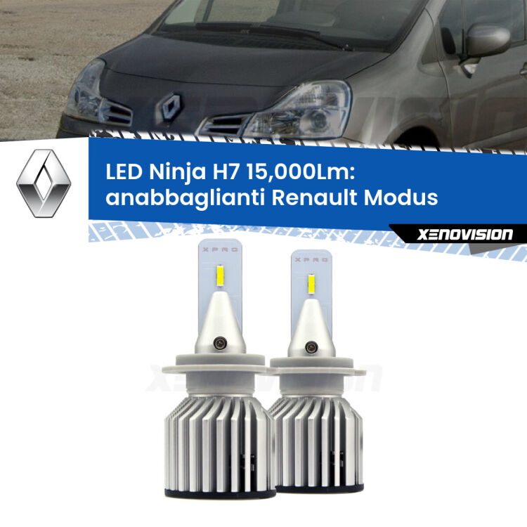 <strong>Kit anabbaglianti LED specifico per Renault Modus</strong>  2004 - 2012. Lampade <strong>H7</strong> Canbus da 15.000Lumen di luminosità modello Ninja Xenovision.