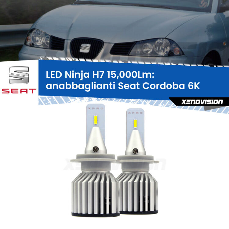 <strong>Kit anabbaglianti LED specifico per Seat Cordoba</strong> 6K restyling. Lampade <strong>H7</strong> Canbus da 15.000Lumen di luminosità modello Ninja Xenovision.