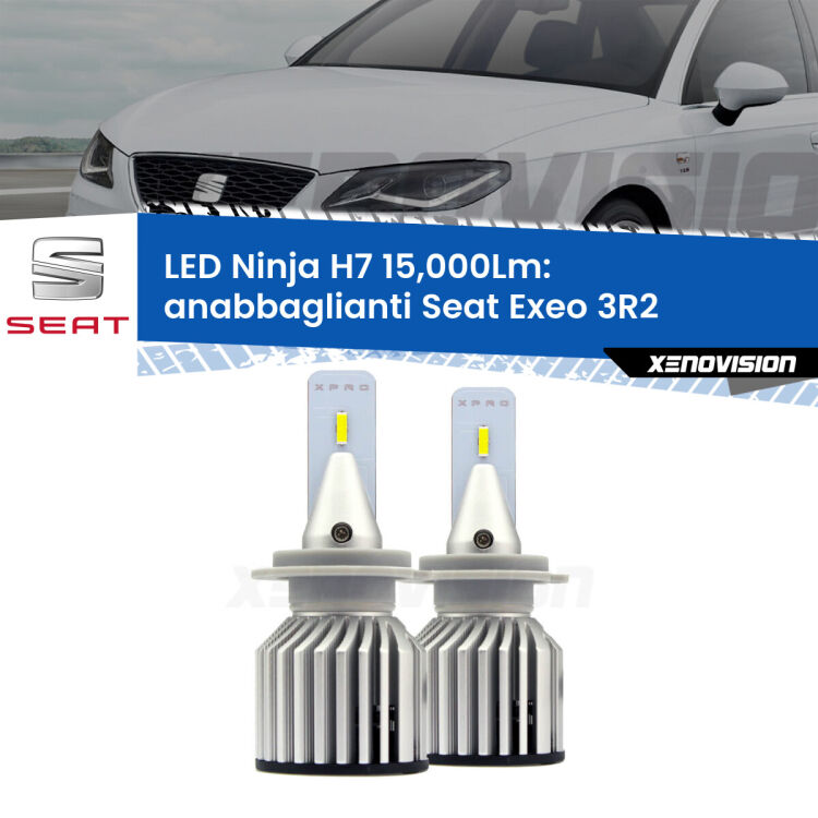 <strong>Kit anabbaglianti LED specifico per Seat Exeo</strong> 3R2 2008 - 2013. Lampade <strong>H7</strong> Canbus da 15.000Lumen di luminosità modello Ninja Xenovision.