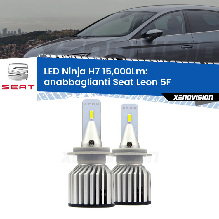 <strong>Kit anabbaglianti LED specifico per Seat Leon</strong> 5F 2012 in poi. Lampade <strong>H7</strong> Canbus da 15.000Lumen di luminosità modello Ninja Xenovision.
